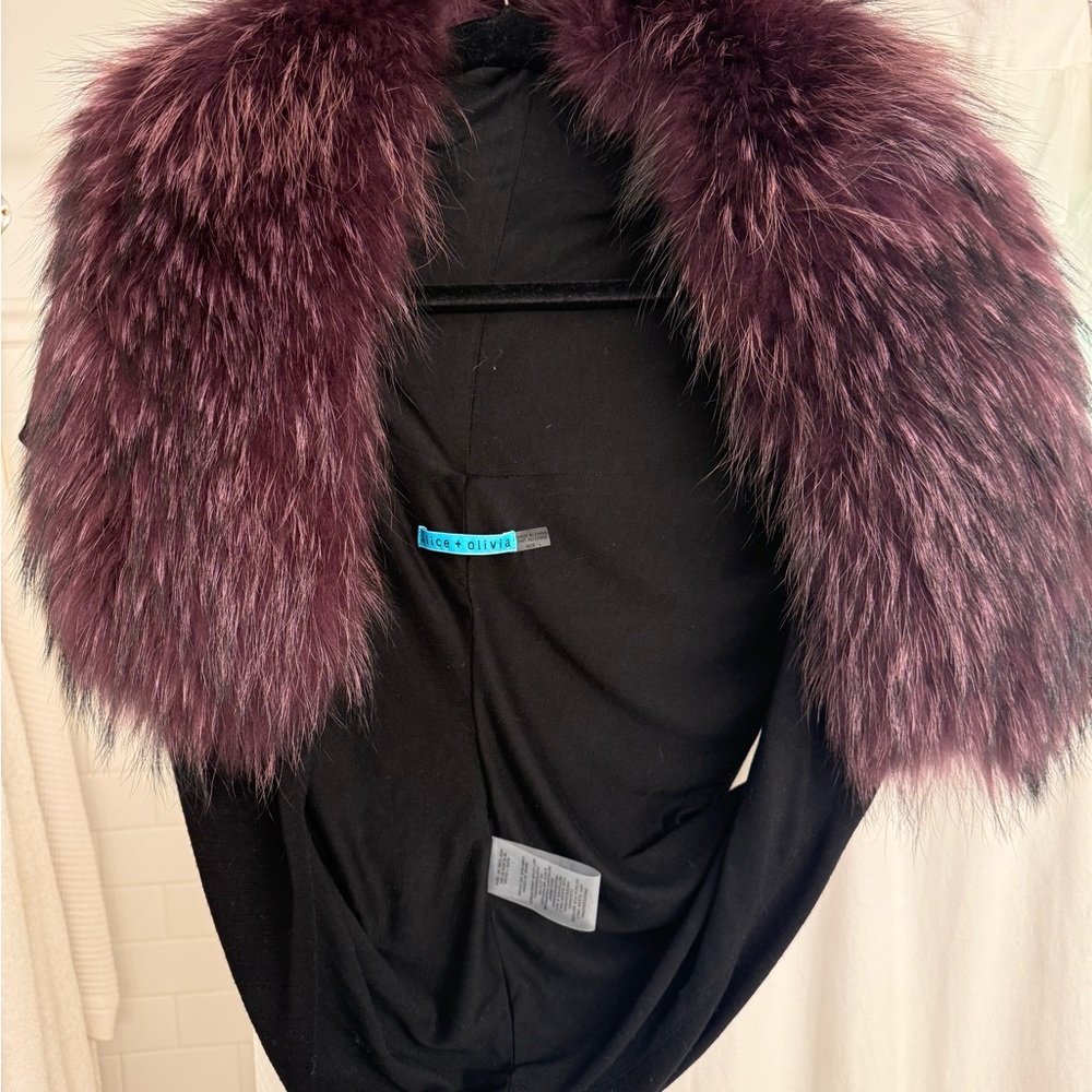 Alice + Olivia Black Cape with Purple raccoon  Fur Collar